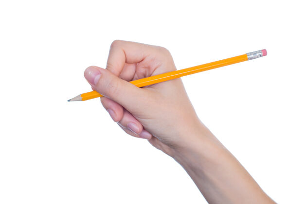 年轻侧轮廓半转近距离妇女的手拿着铅笔与橡皮擦隔离在白色墙上的空间学习铅笔文具