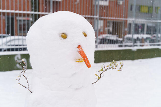 太阳街道上以胡萝卜为鼻子的雪人的水平视图霜冻玩装饰