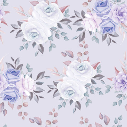 复古美丽的无缝花卉图案与柔软的紫色花朵玫瑰叶粉彩