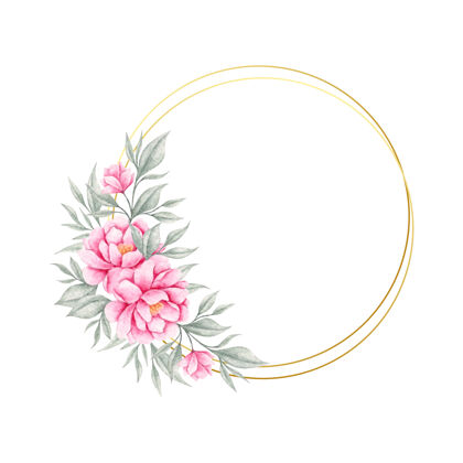 花朵美丽的粉红色花和叶子框架水彩手绘圆圈