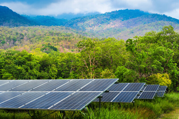 生态光伏组件太阳能发电厂在绿树成荫的景观湖景自然森林山景春天白云背景工业替代山地