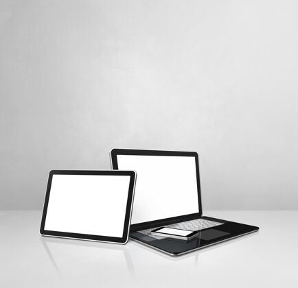 室内白色水泥办公桌上的笔记本电脑 手机和数字平板电脑3d插图智能空白空间电话