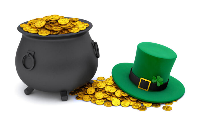帽子圣帕特里克的戴格林带三叶草的小妖精帽子和装满金子的宝罐硬币孤立的在白色背景上3d渲染节日金钱树叶