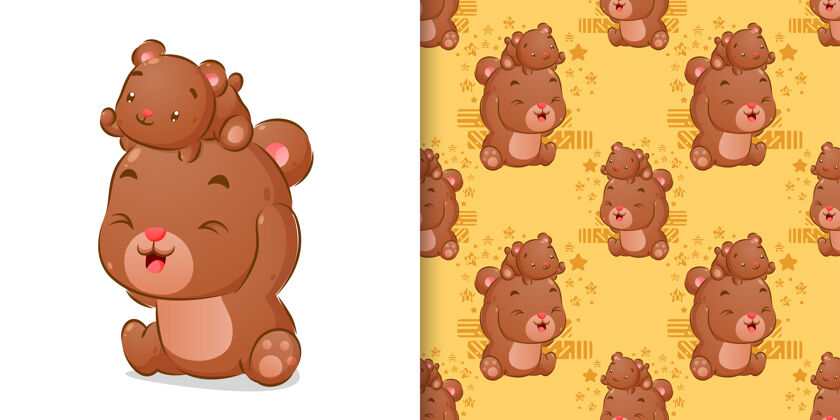 熊彩色手绘的熊一起玩在无缝模式集插图人物蜂蜜典当