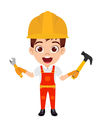 工业快乐可爱聪明的小男孩角色穿着建筑工人服装 表情欢快 与工具锤隔离建筑工人卡通劳工
