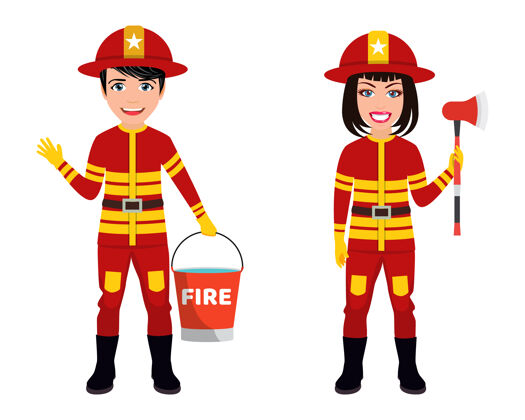 水桶快乐可爱聪明的消防员角色穿着消防服 挥舞着消防斧和水桶男专业女
