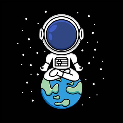 地球可爱的宇航员盘腿坐在地球上冥想 卡通插画涂鸦宇航员宇航员