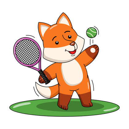 插图可爱的狐狸打网球运动卡通插图人物动物打球