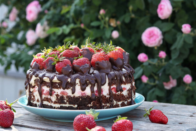 草莓巧克力蛋糕配草莓和奶油 位于鲜花表面 空气清新 横拍奶油块食物