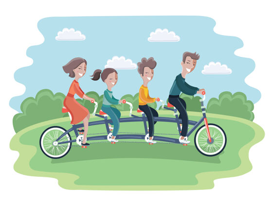 活动卡通插图的家庭骑双人自行车女儿团聚户外