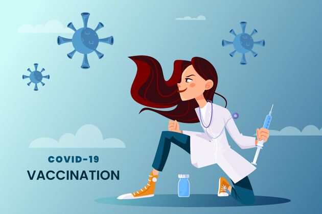 危险卡通冠状病毒疫苗在医生手中的背景健康预防疫苗