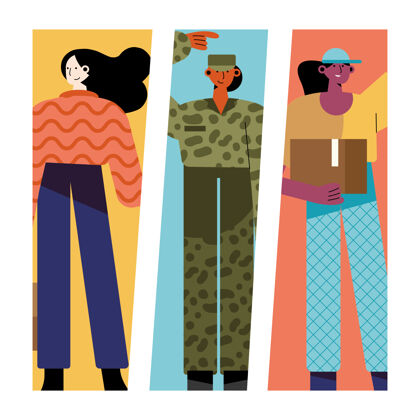 三三个女人不同职业角色的捆绑插图商业单位生活