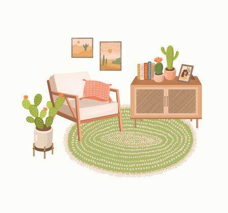 舒适现代家居内饰 扶手椅 书柜 地毯 室内植物植物可爱舒适