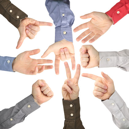 团体举起不同男人的手背景.显示手指要表达的符号情绪.符号语言之手支持手势手掌