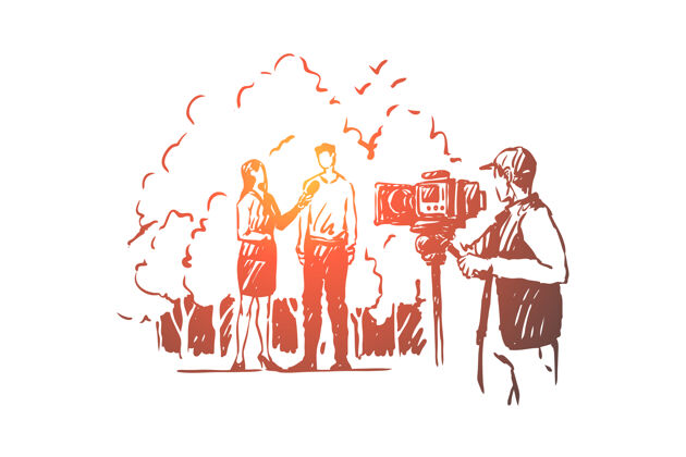 麦克风女记者现场直播 女记者与男人对话插画电视插画素描
