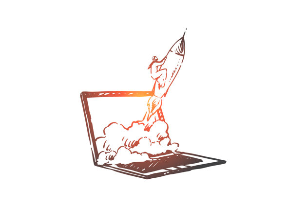 飞行启动启动在线概念图隐喻涂鸦笔记本电脑