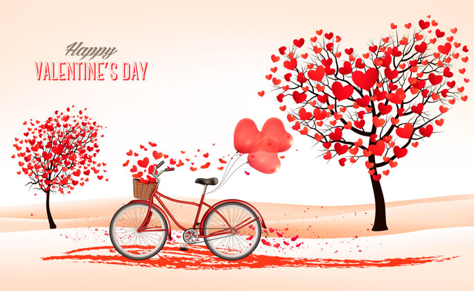 户外情人节背景是一棵心形的树和一辆自行车浪漫美丽有趣