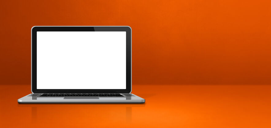复制空间笔记本电脑上的橙色办公场景背景横幅办公室移动笔记本