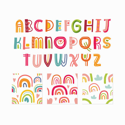 卡通字母和无缝模式集隔离在白色装饰涂鸦彩虹