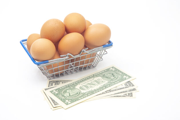 现金鸡蛋放在超市的购物篮里 美元放在白色的篮子里表面销售还有食品生意吃鸡肉市场