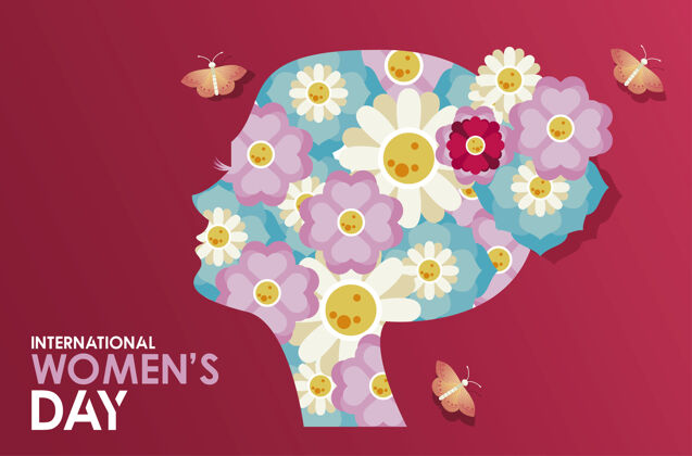 花国际妇女节庆祝海报与女孩简介和蝴蝶插图庆祝字体花束