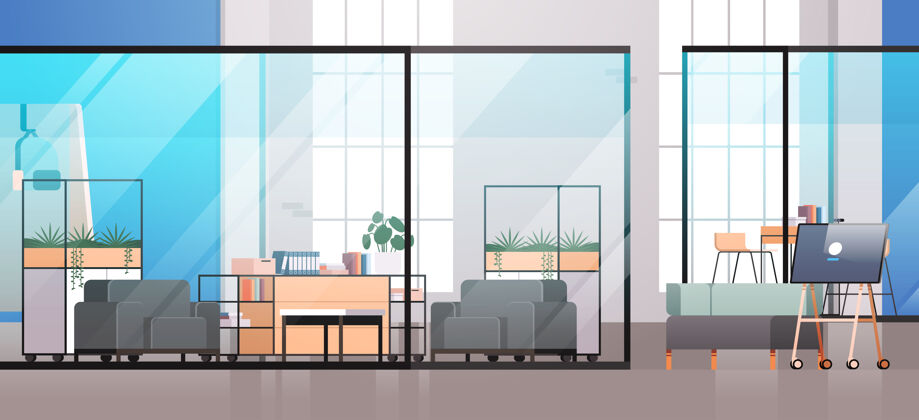 日光空旷的办公中心现代办公室室内创意开放空间带家具水平插图开放屏幕玻璃