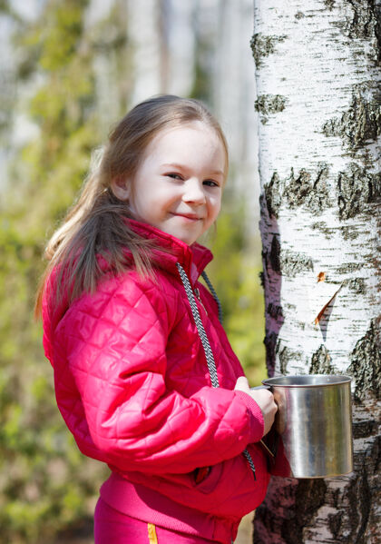 肖像孩子在树林里收集桦树汁液体使用桦树