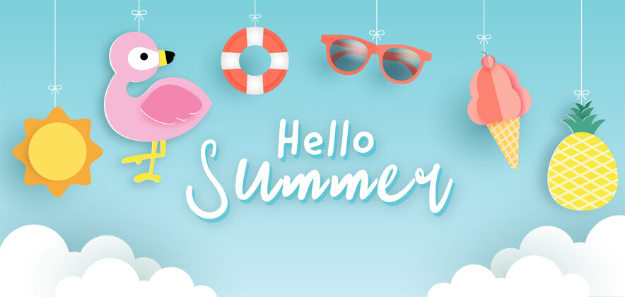 销售夏季横幅与热带火烈鸟和夏季元素夏季设计促销季节