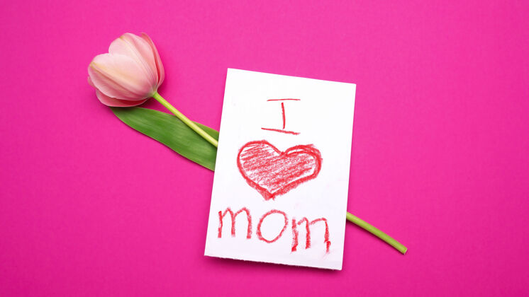 爱粉色郁金香 上面有我爱妈妈的卡片粉色背景季节白天郁金香