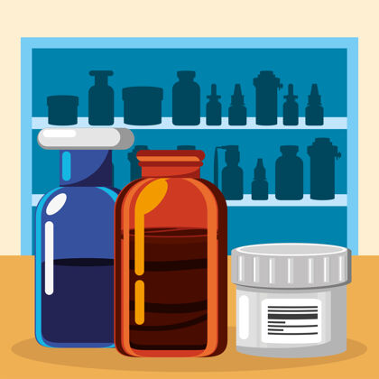 选择药房货架上摆着不同的药瓶药品货架药丸