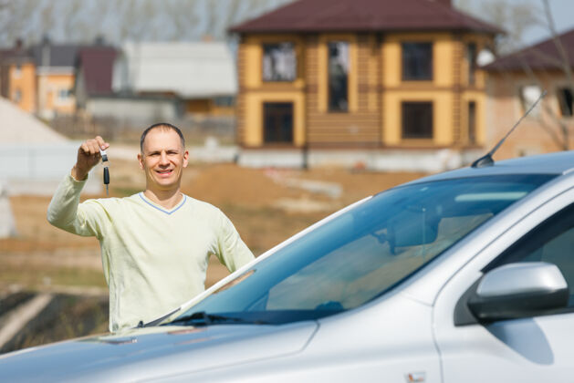 经销商幸福的男人拿着车钥匙在房子的背景上汽车人销售