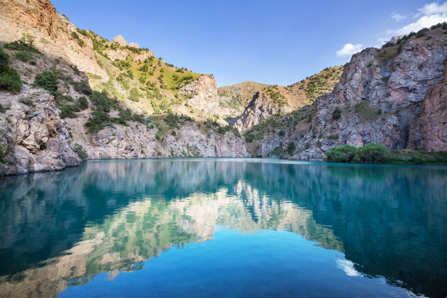 湖泊美丽宁静的湖泊在梵山（帕米尔的分支）在塔吉克斯坦地形自然景观