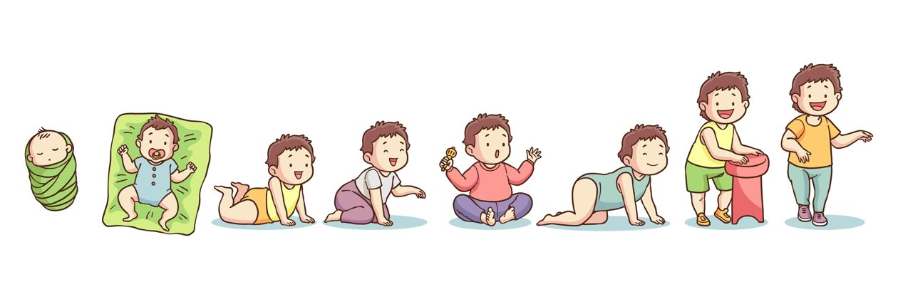 婴儿步骤手绘阶段的男婴插图收集步骤婴儿