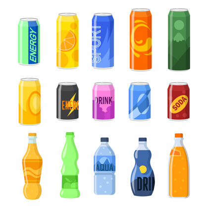 不健康饮料罐和塑料瓶插图集瓶盖卡通水