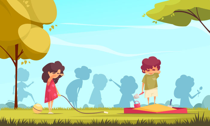 色彩彩色卡通背景 兩個孤獨的孩子在操場上哭泣孩子操場卡通