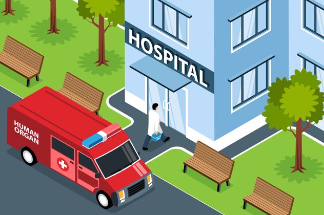 容器等距捐献人体器官水平组成与医院大楼急救车和医生的室外视图人类手术健康