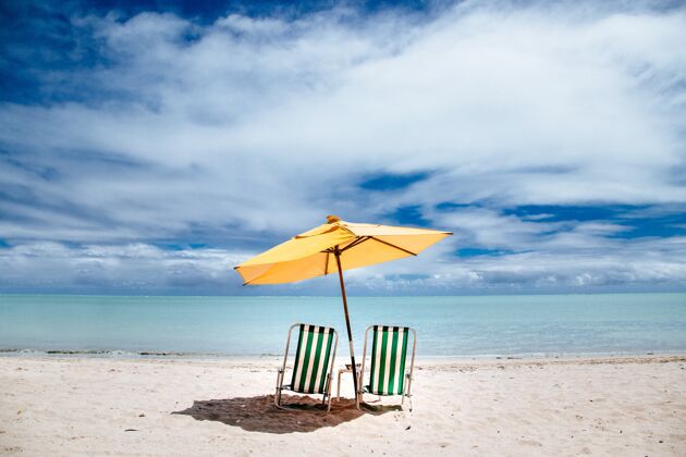 阳伞沙滩阳伞和绿色沙滩椅在岸边海洋太阳水