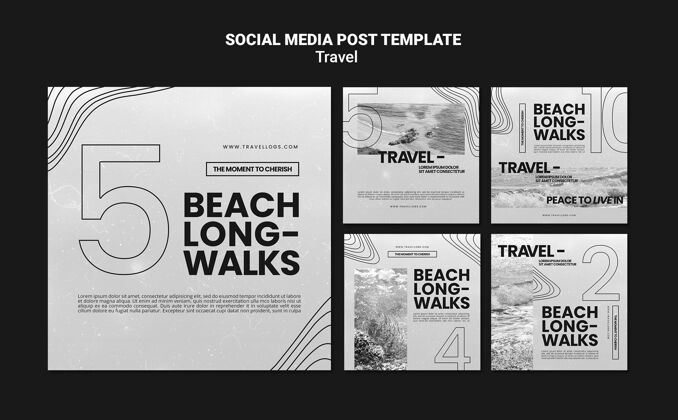 社交媒体模板单色instagram帖子集 用于放松沙滩长途跋涉分类海滩和平