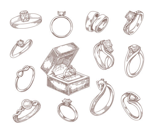 婚礼婚礼和订婚戒指手绘素描集黄金和白银建议戒指与豪华钻石 祖母绿宝石在复古雕刻风格珠宝 配件 爱的概念情侣仪式建议