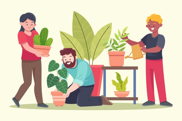 园艺平面设计人一起照顾植物市民照顾平面设计