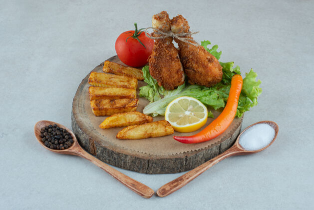 鸡肉大理石桌上放着一个木盘 上面放着油炸玉米饼和蔬菜盘子食物辣椒