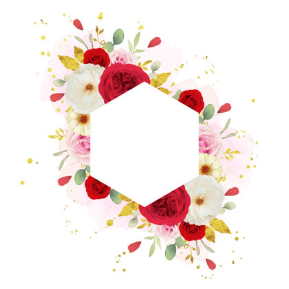 花束美丽的花卉框架与水彩粉白色和红色玫瑰情人节粉红色框架