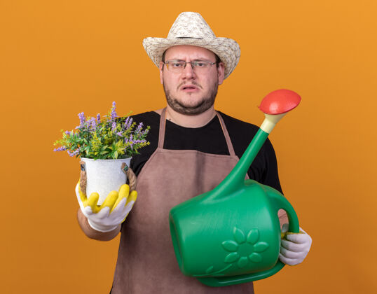 穿年轻的男园丁戴着园艺帽 戴着园艺手套 拿着浇水罐 把花盆里的花隔离在橙色的墙上花不愉快男