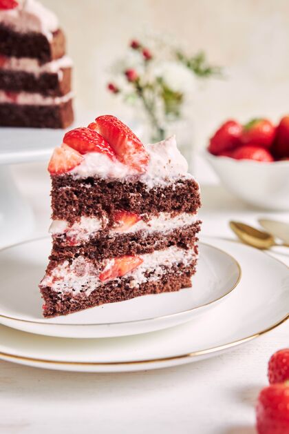 巧克力特写镜头一块美味的草莓蛋糕在盘子里水果面团巧克力蛋糕