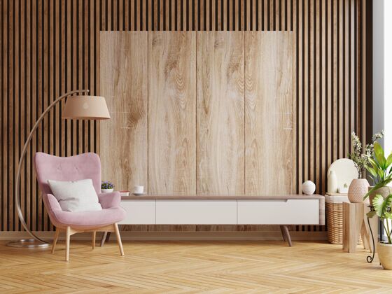 现代客厅的橱柜设计在木墙上 3d渲染地板墙房子