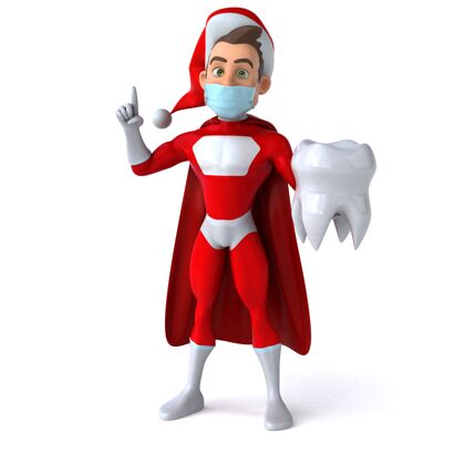牙医有趣的三维卡通圣诞老人与面具插图超级牙齿流感