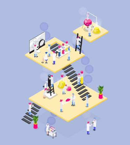 人化学等距组成的方形平台连接着楼梯 人物 实验室设备和各种物体组成实验室楼梯