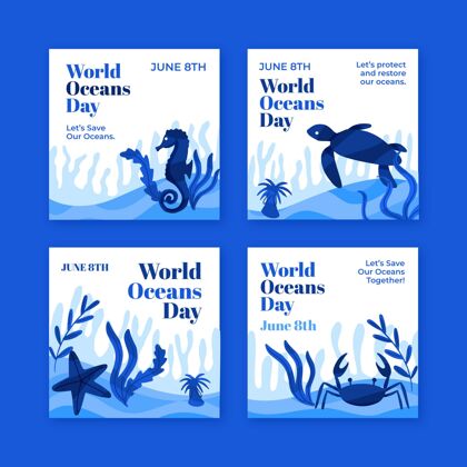 包装手绘世界海洋日instagram帖子集海洋生态系统Instagram模板