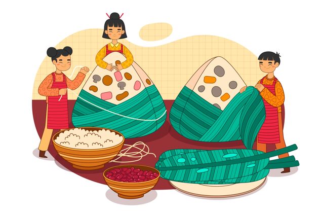 活动手绘龙舟一家准备吃粽子插画传统龙舟粽子家庭准备粽子