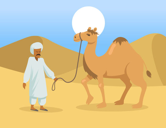 散步沙漠里有一头驼峰的阿拉伯男人旅行旅行沙子